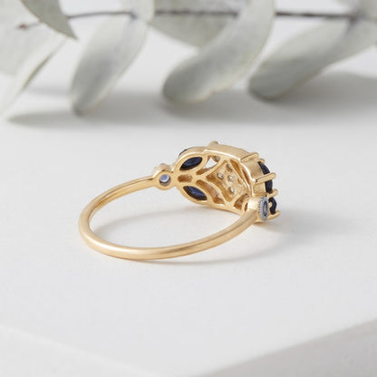 Blue Sapphire Art Deco Ring With Marquise Sapphires and Diamond Accents