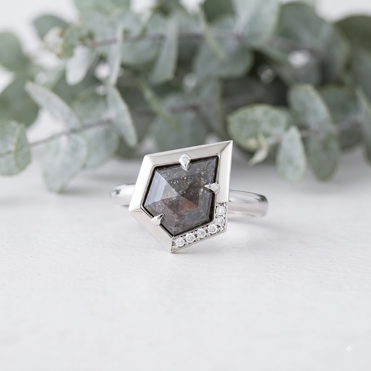 Shield Cut Salt and Pepper Diamond Ring with Round Accents