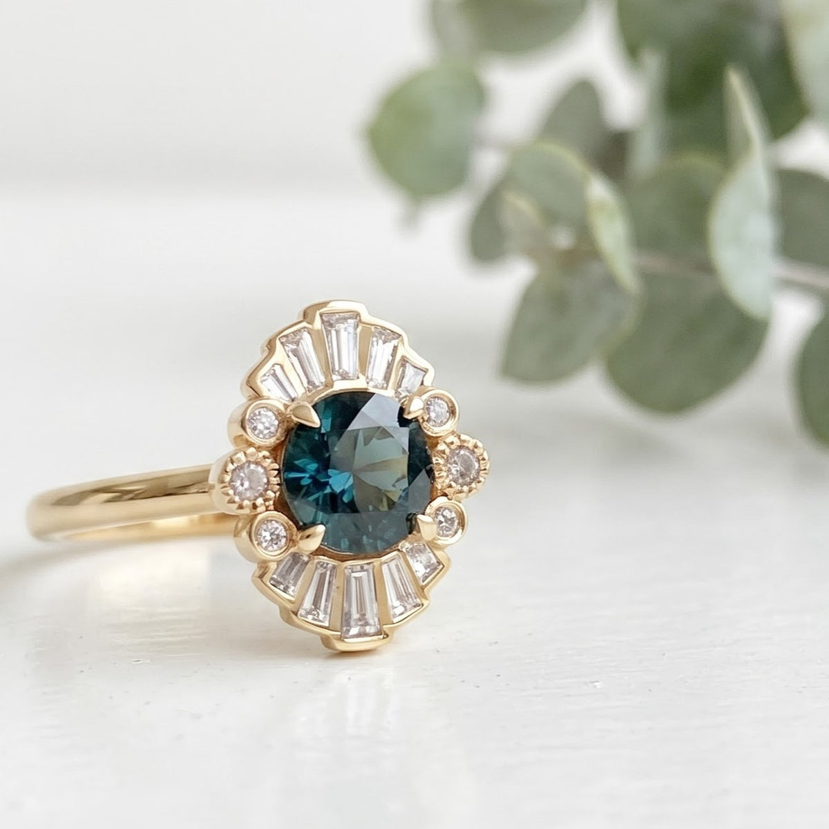 Greenish Blue Sapphire Engagement Ring with Baguette Diamonds