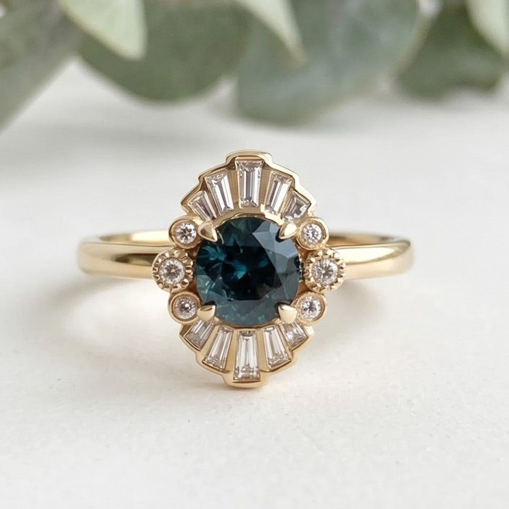 Greenish Blue Sapphire Engagement Ring with Baguette Diamonds