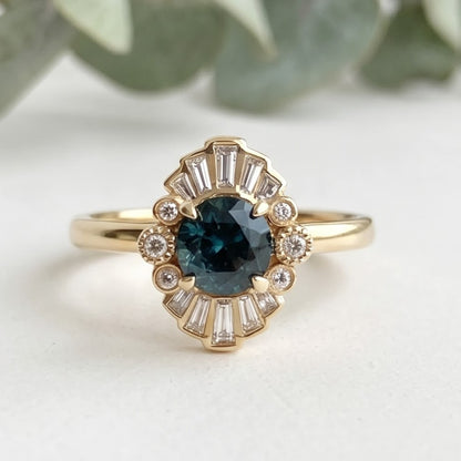Greenish Blue Sapphire Engagement Ring with Baguette Diamonds