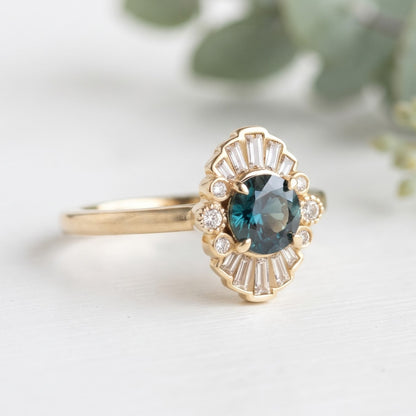 Greenish Blue Sapphire Engagement Ring with Baguette Diamonds
