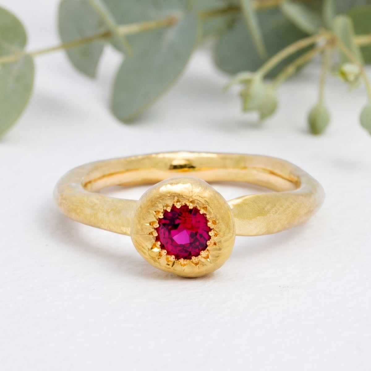 Pink Ruby Round Cut Handmade Gold Solitaire Ring