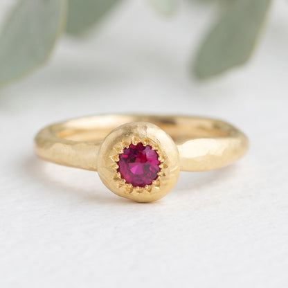 Pink Ruby Round Cut Handmade Gold Solitaire Ring