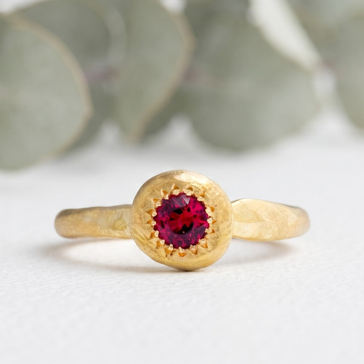 Pink Ruby Round Cut Handmade Gold Solitaire Ring