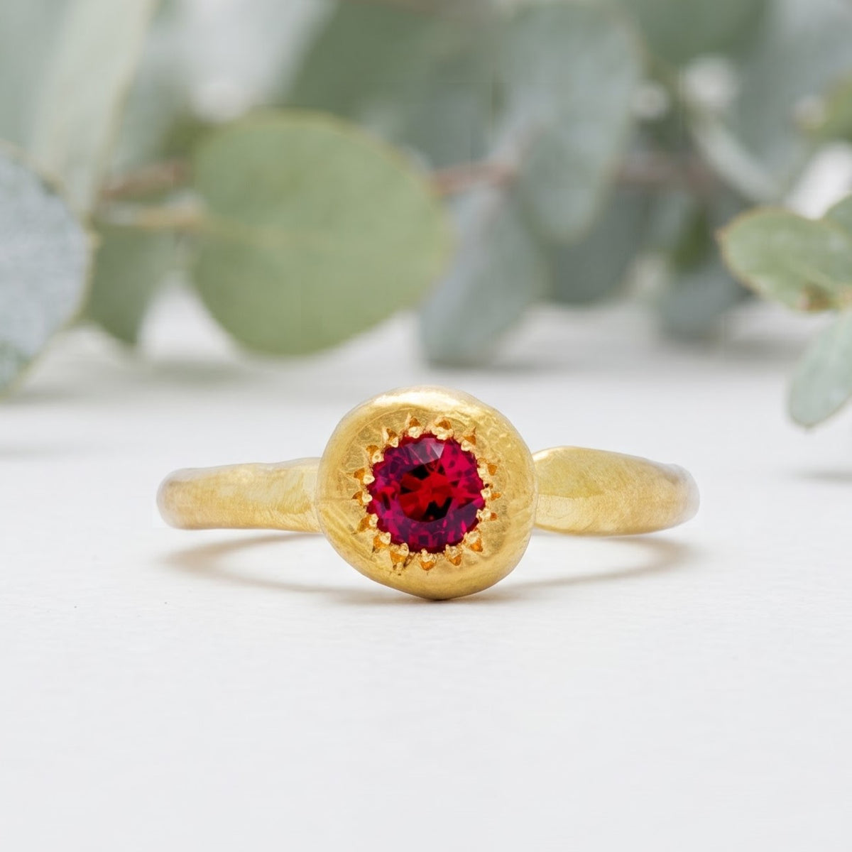 Pink Ruby Round Cut Handmade Gold Solitaire Ring