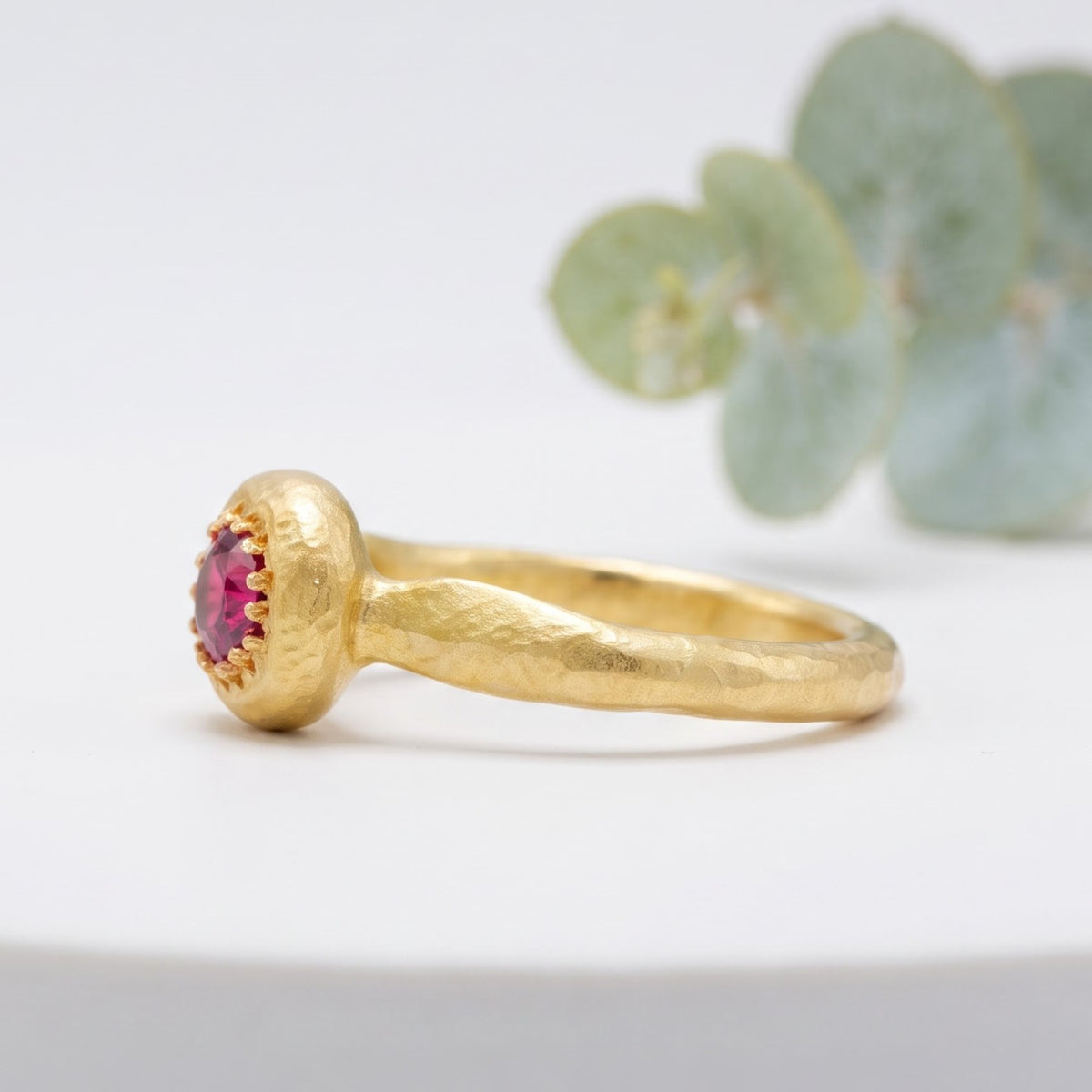 Pink Ruby Round Cut Handmade Gold Solitaire Ring
