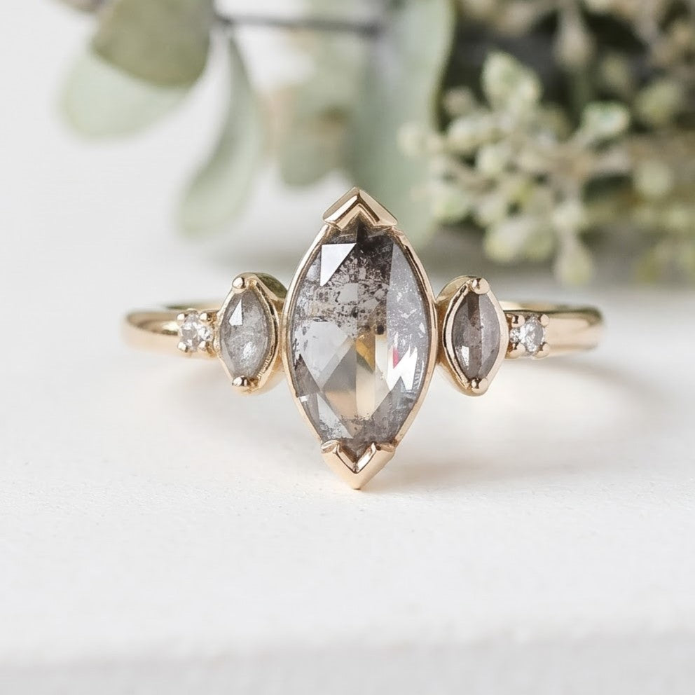 Marquise Salt and Pepper Diamond Bezel Ring Unique Handmade Ring