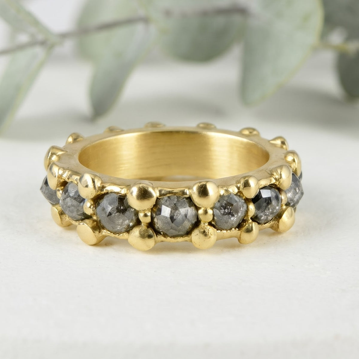 Natural Salt and Pepper Diamond Beaded Gold Band