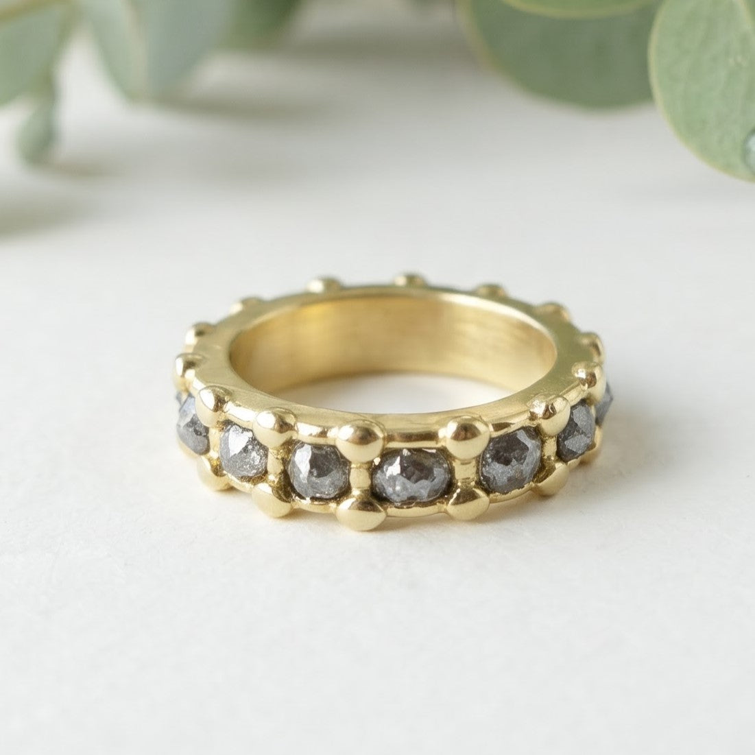 Natural Salt and Pepper Diamond Beaded Gold Band