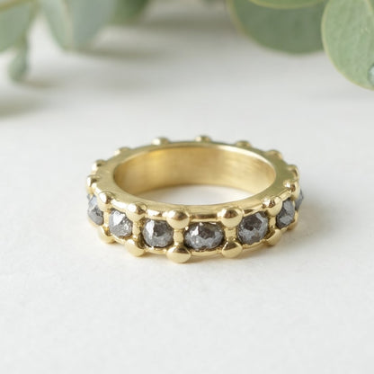 Natural Salt and Pepper Diamond Beaded Gold Band