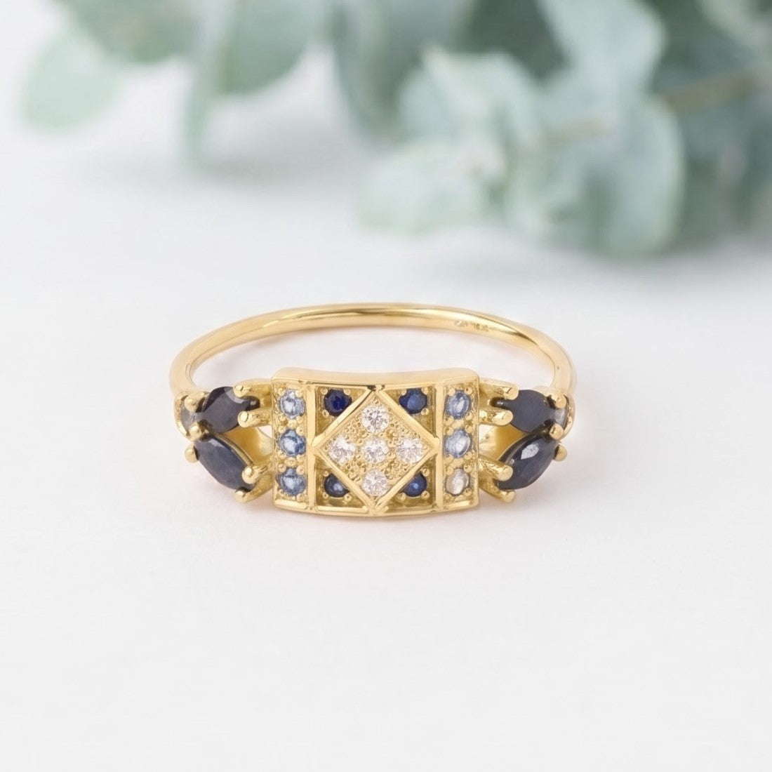 Blue Sapphire Art Deco Ring With Marquise Sapphires and Diamond Accents