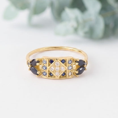 Blue Sapphire Art Deco Ring With Marquise Sapphires and Diamond Accents