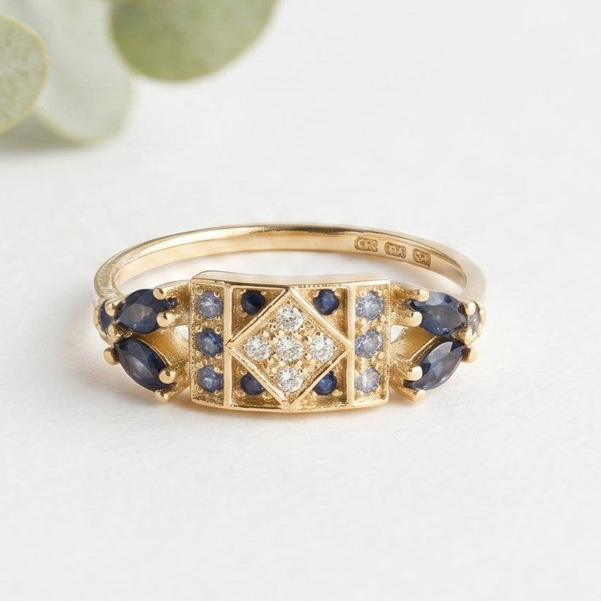 Blue Sapphire Art Deco Ring With Marquise Sapphires and Diamond Accents