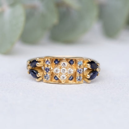 Blue Sapphire Art Deco Ring With Marquise Sapphires and Diamond Accents