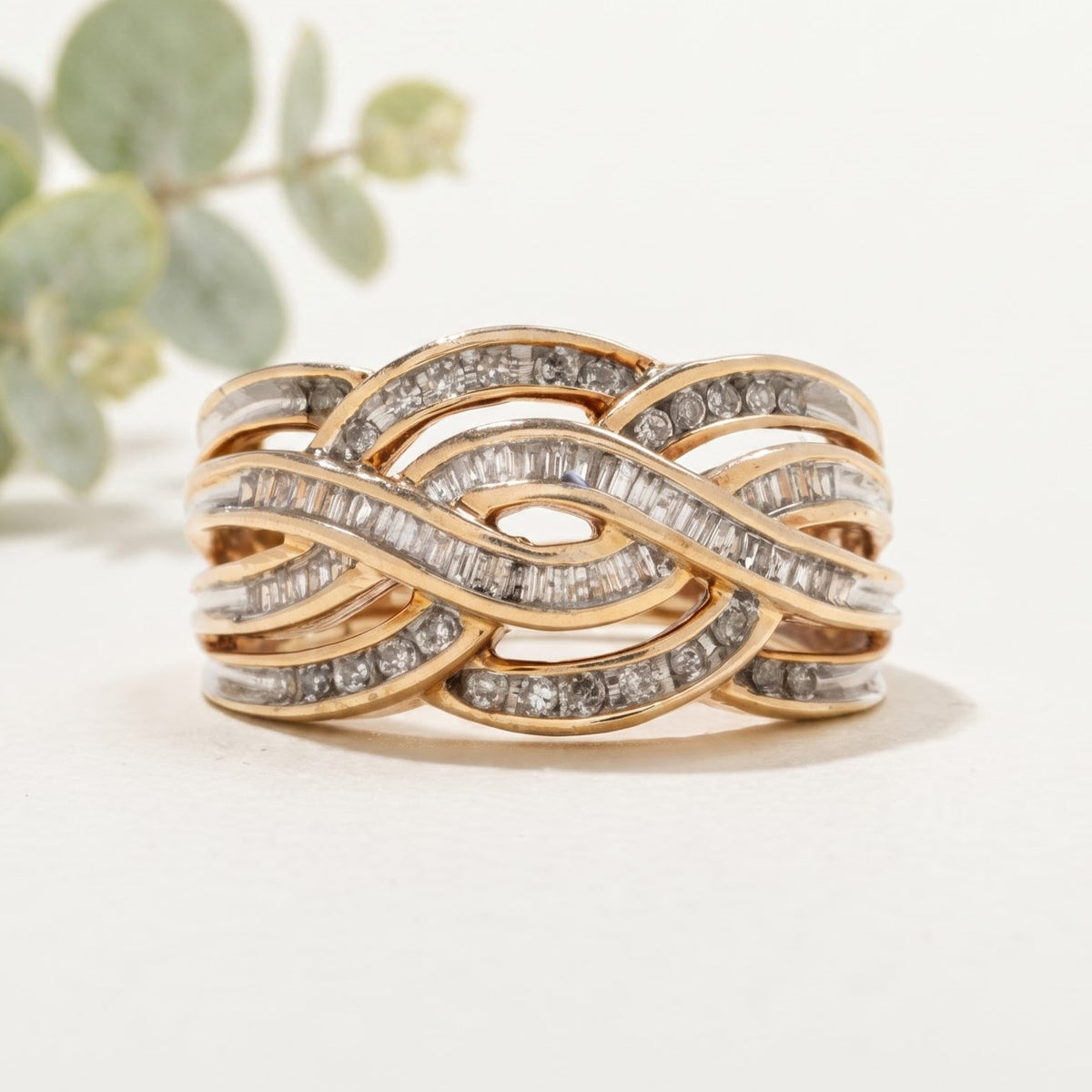 Salt and Pepper Round Baguette Crossover Cocktail Ring