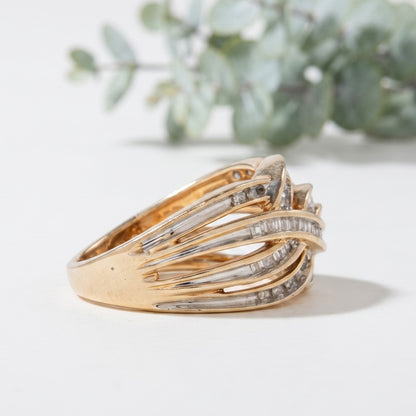 Salt and Pepper Round Baguette Crossover Cocktail Ring