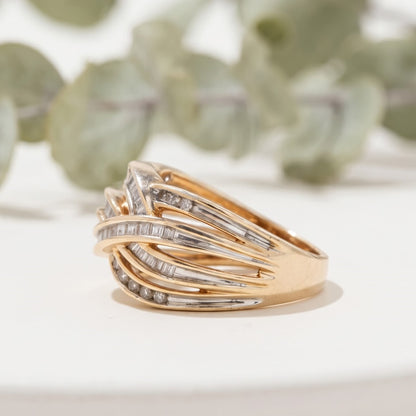 Salt and Pepper Round Baguette Crossover Cocktail Ring