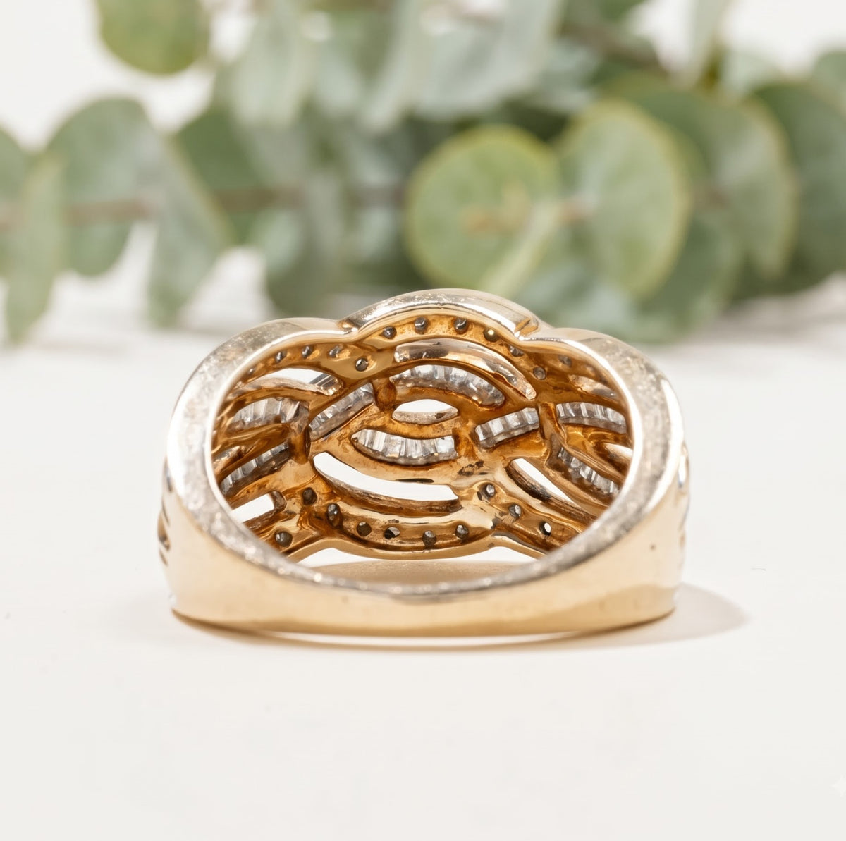 Salt and Pepper Round Baguette Crossover Cocktail Ring