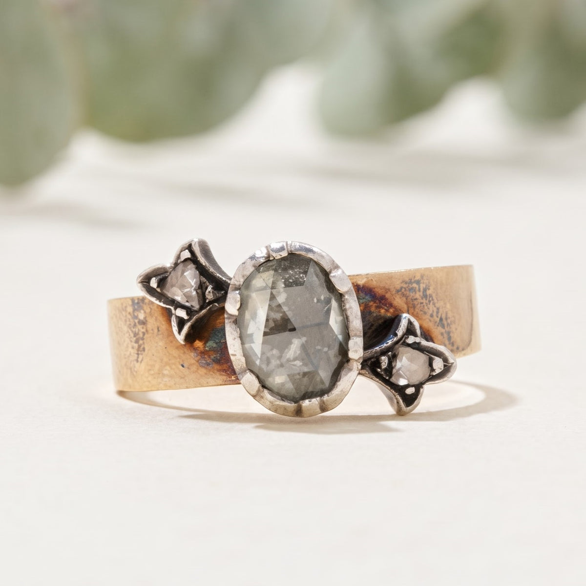 Old Antique Rose Oval Salt and Pepper Diamond Ring