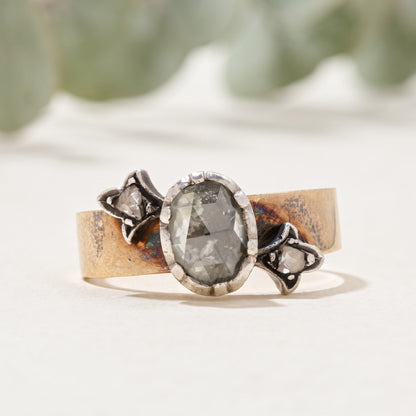 Old Antique Rose Oval Salt and Pepper Diamond Ring