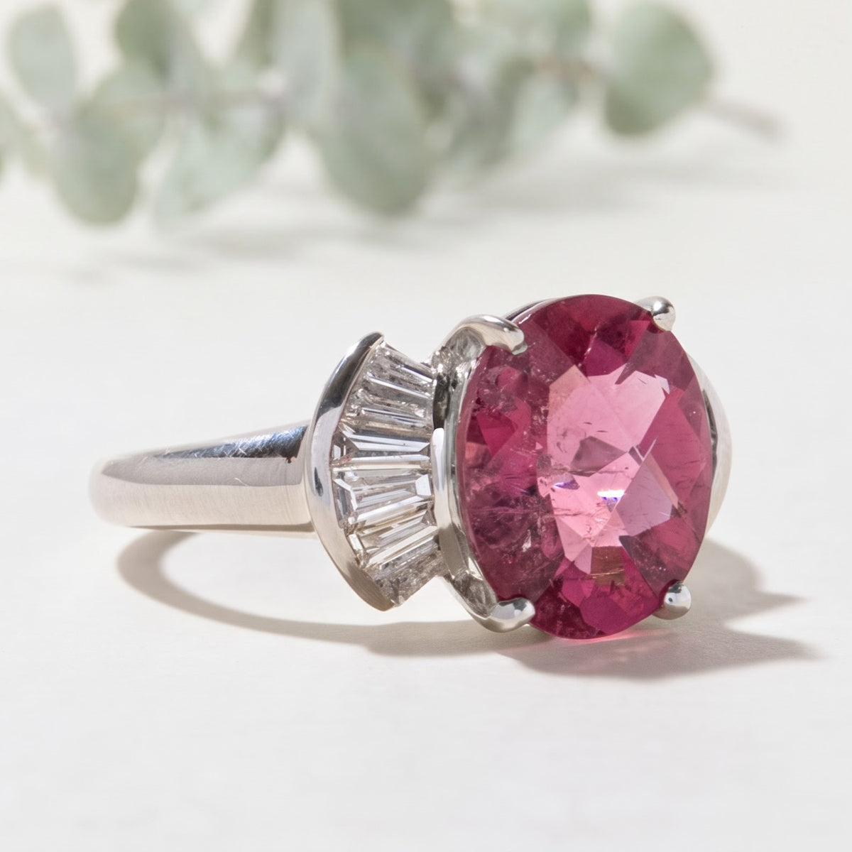 Pink Tourmaline Ring with Baguette Diamond Accents