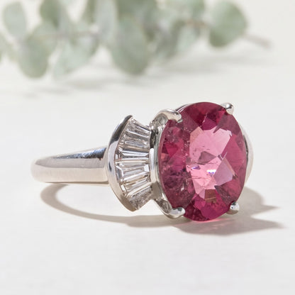 Pink Tourmaline Ring with Baguette Diamond Accents