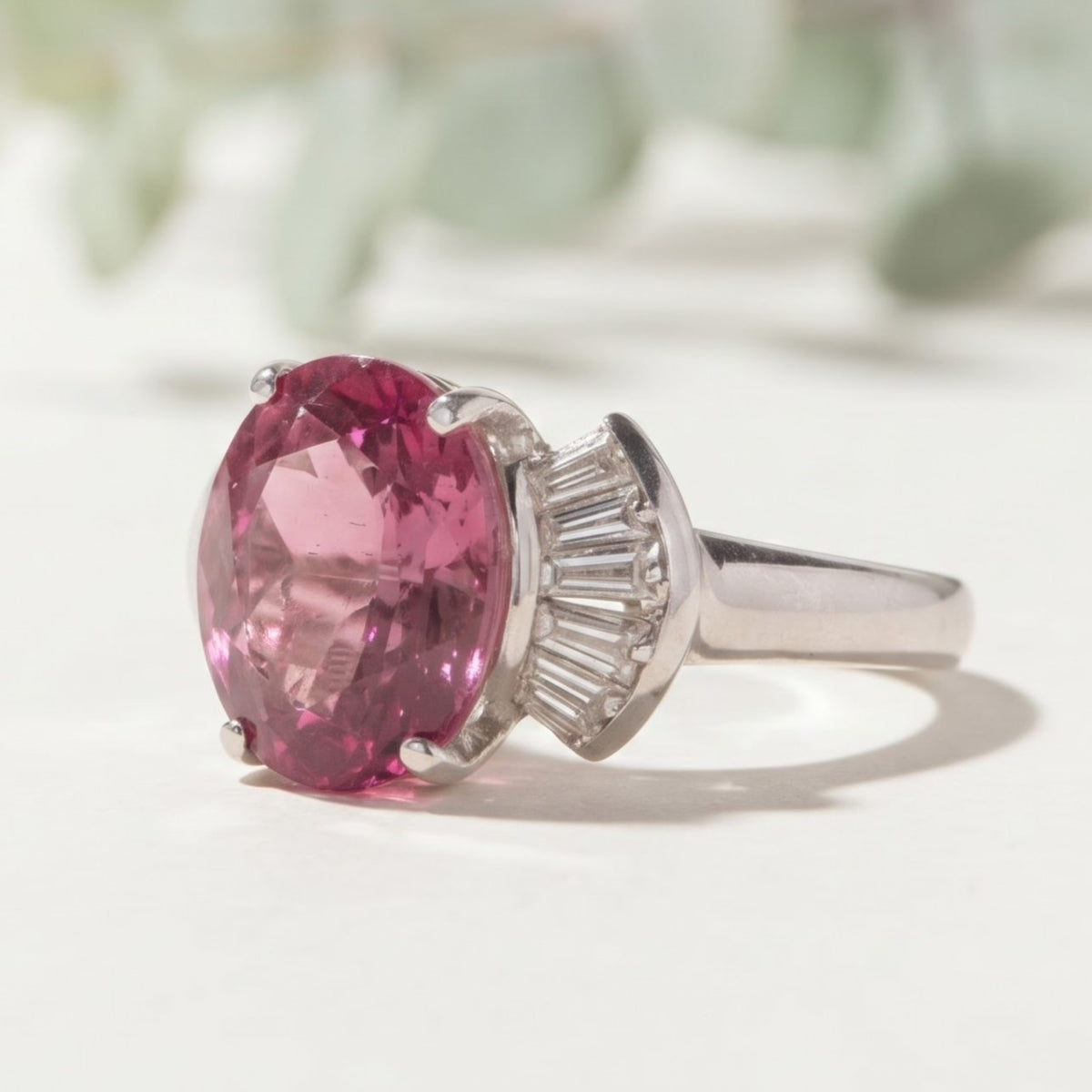 Pink Tourmaline Ring with Baguette Diamond Accents