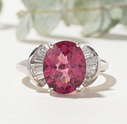 Pink Tourmaline Ring with Baguette Diamond Accents