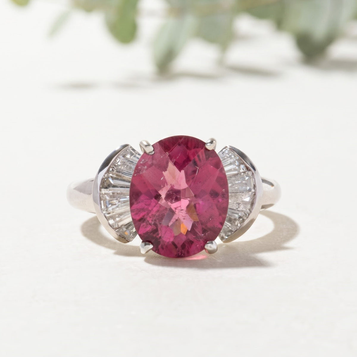 Pink Tourmaline Ring with Baguette Diamond Accents