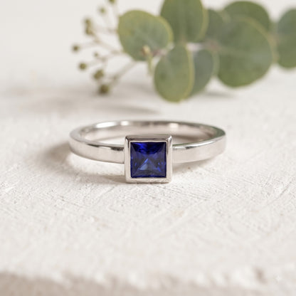 Dark Blue Princess Cut Sapphire Ring