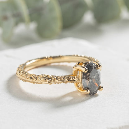 Natural Oval Salt and Pepper Diamond Ring