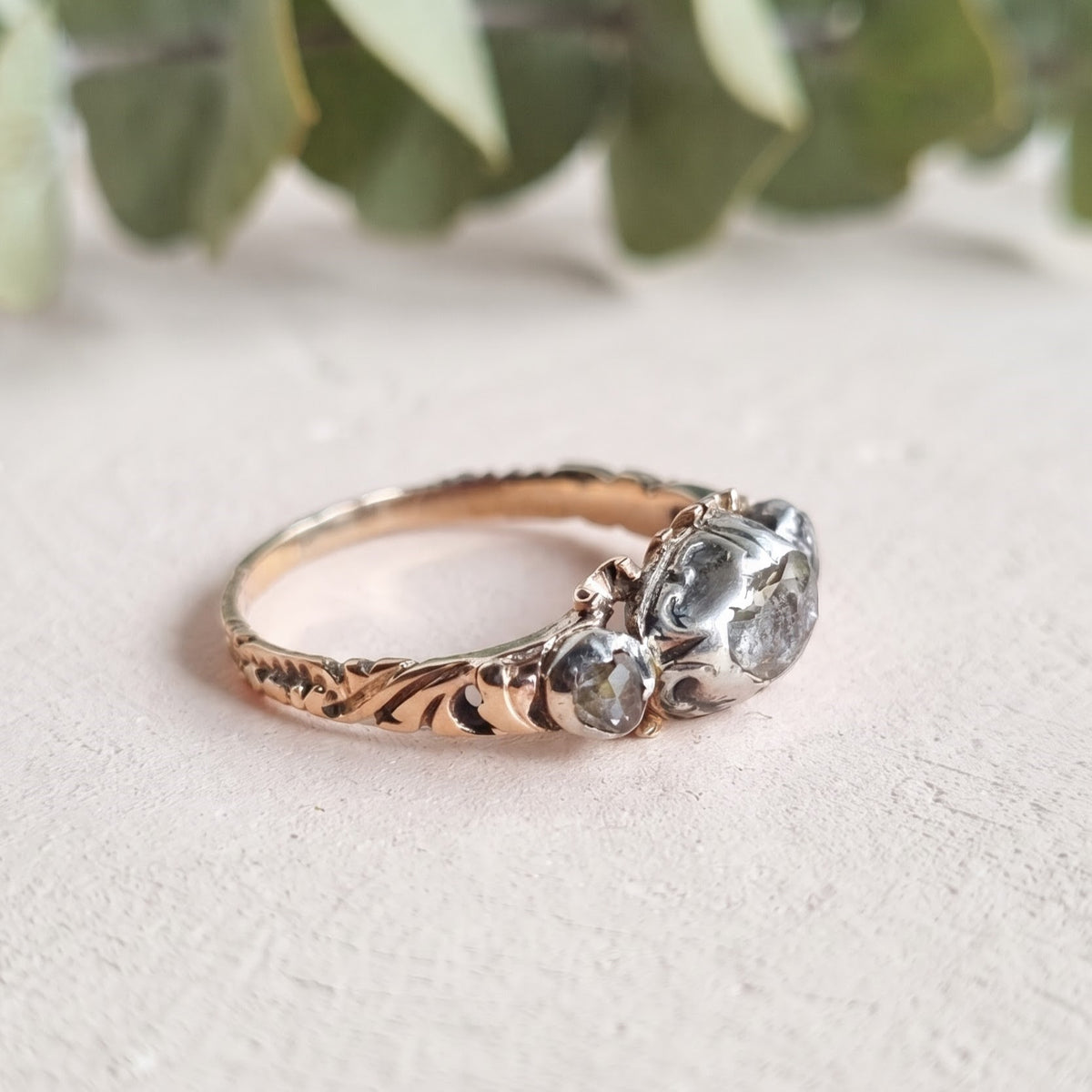 Antique Vintage Nature Inspired Salt & Pepper Diamond Ring