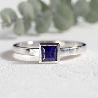 Dark Blue Princess Cut Sapphire Ring