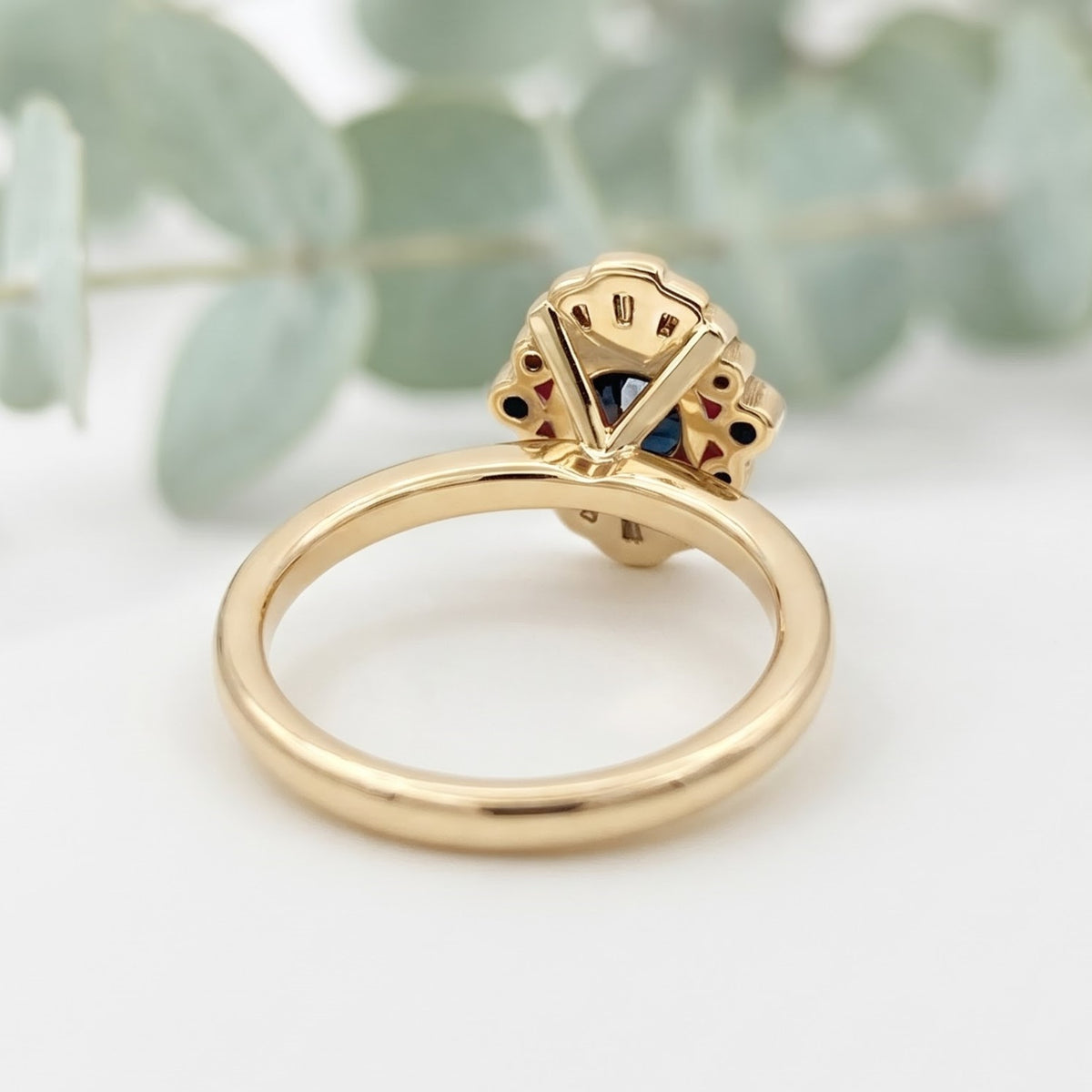 Greenish Blue Sapphire Engagement Ring with Baguette Diamonds