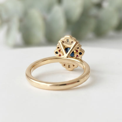 Greenish Blue Sapphire Engagement Ring with Baguette Diamonds
