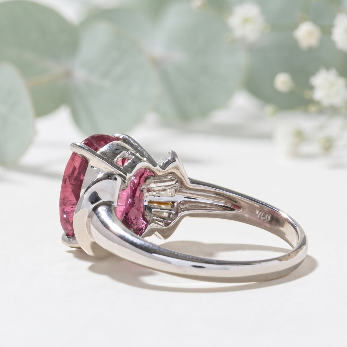 Pink Tourmaline Ring with Baguette Diamond Accents