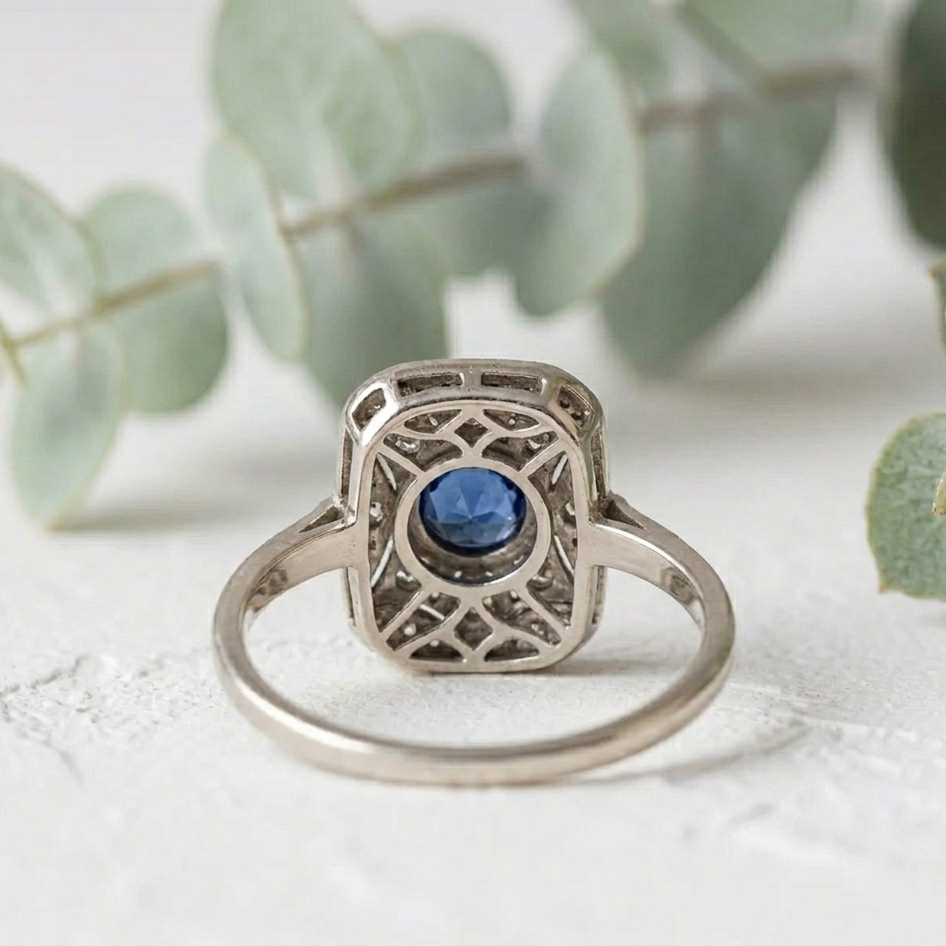 Sapphire Diamond Ring with Art Deco Square Halo Design