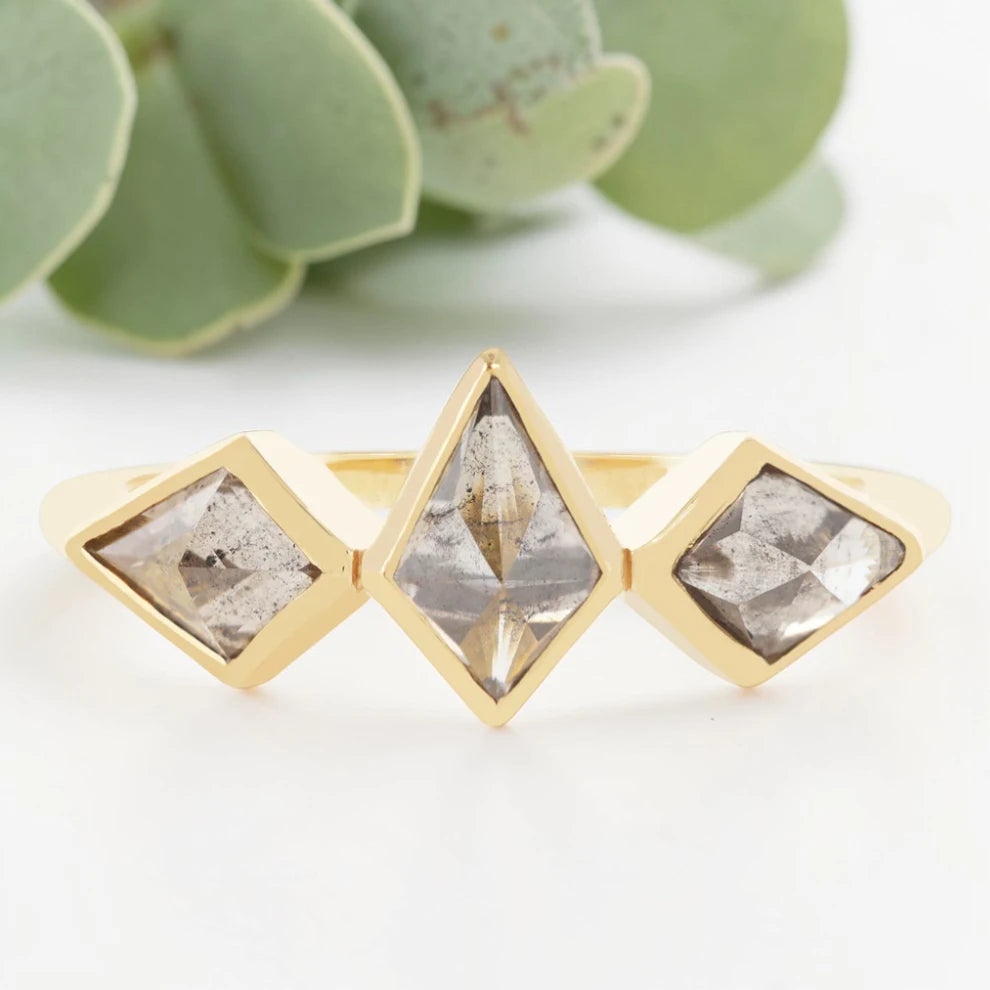 Smoky Salt and Pepper Kite Diamond Ring with Artisan Bezel
