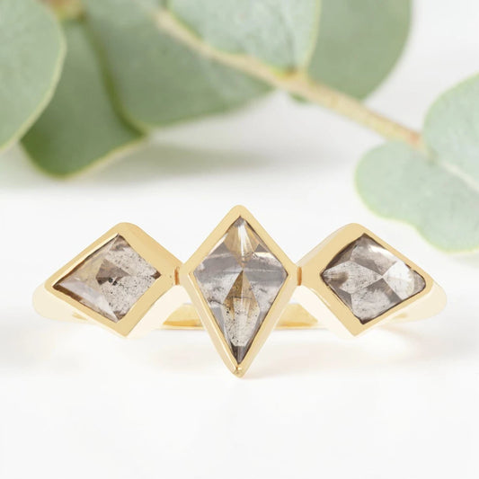 Smoky Salt and Pepper Kite Diamond Ring with Artisan Bezel