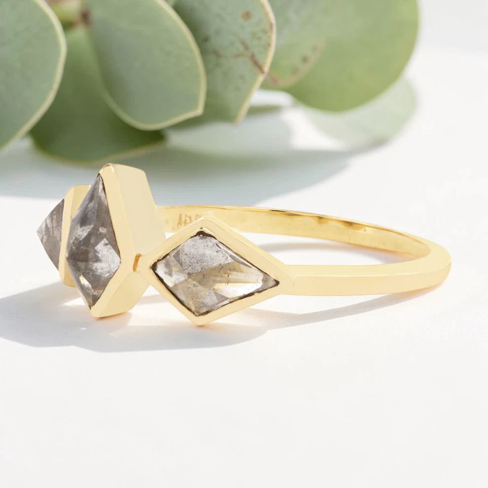 Smoky Salt and Pepper Kite Diamond Ring with Artisan Bezel