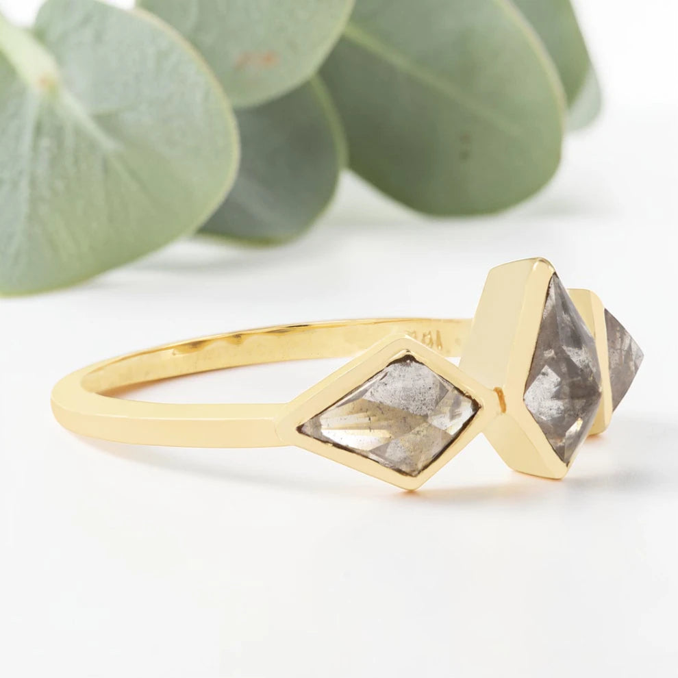 Smoky Salt and Pepper Kite Diamond Ring with Artisan Bezel