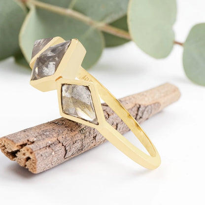Smoky Salt and Pepper Kite Diamond Ring with Artisan Bezel