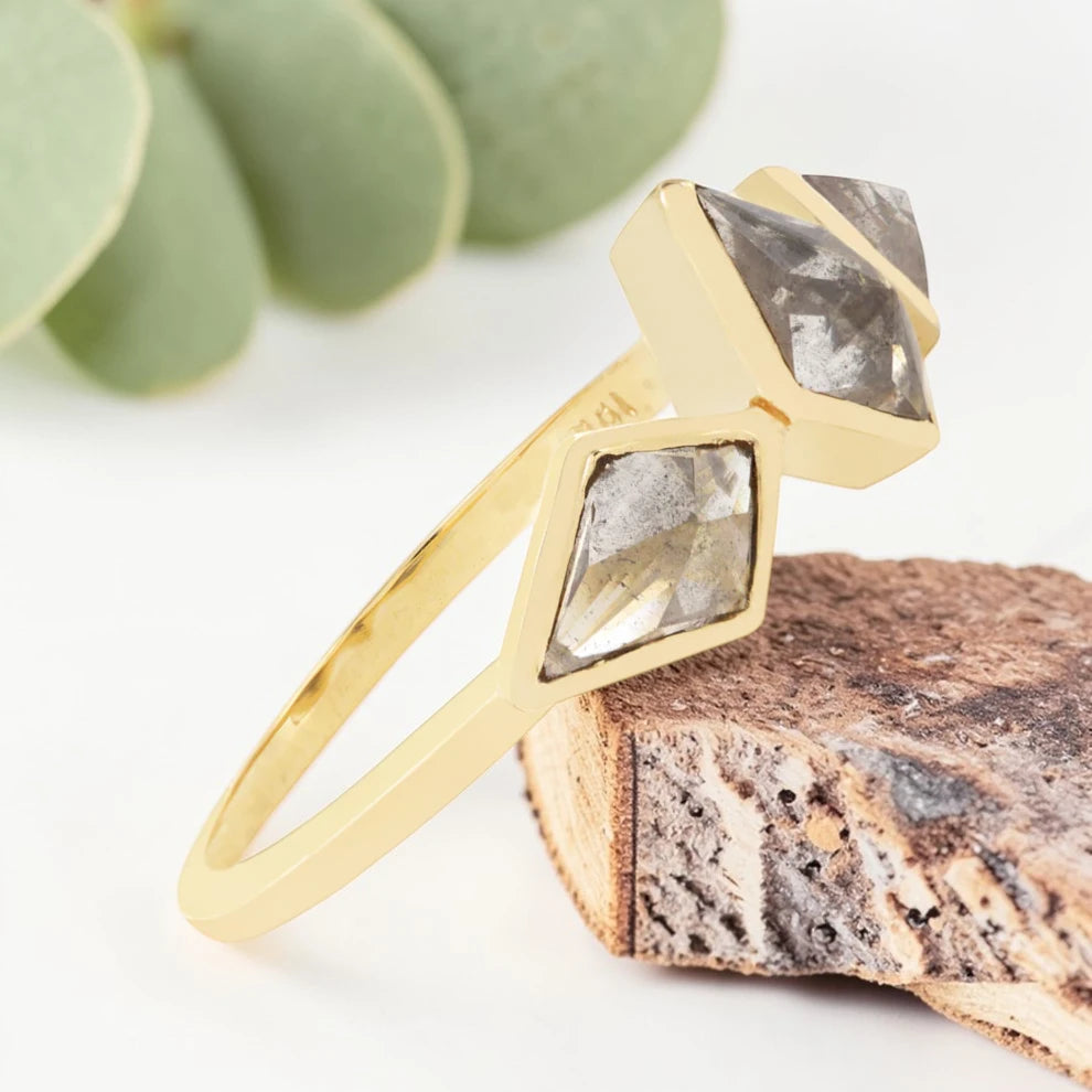 Smoky Salt and Pepper Kite Diamond Ring with Artisan Bezel