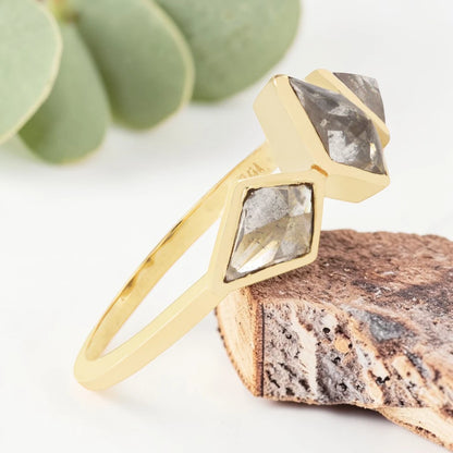 Smoky Salt and Pepper Kite Diamond Ring with Artisan Bezel