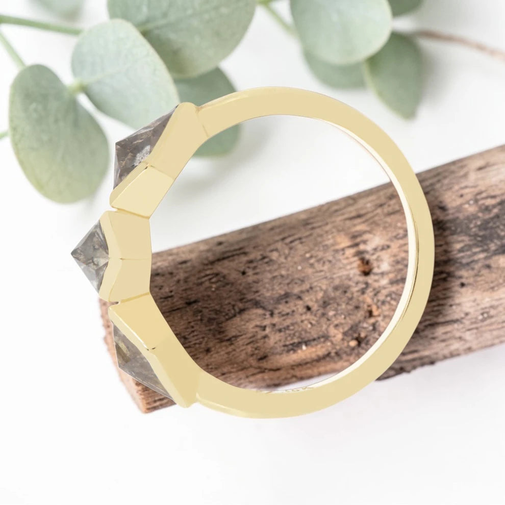Smoky Salt and Pepper Kite Diamond Ring with Artisan Bezel