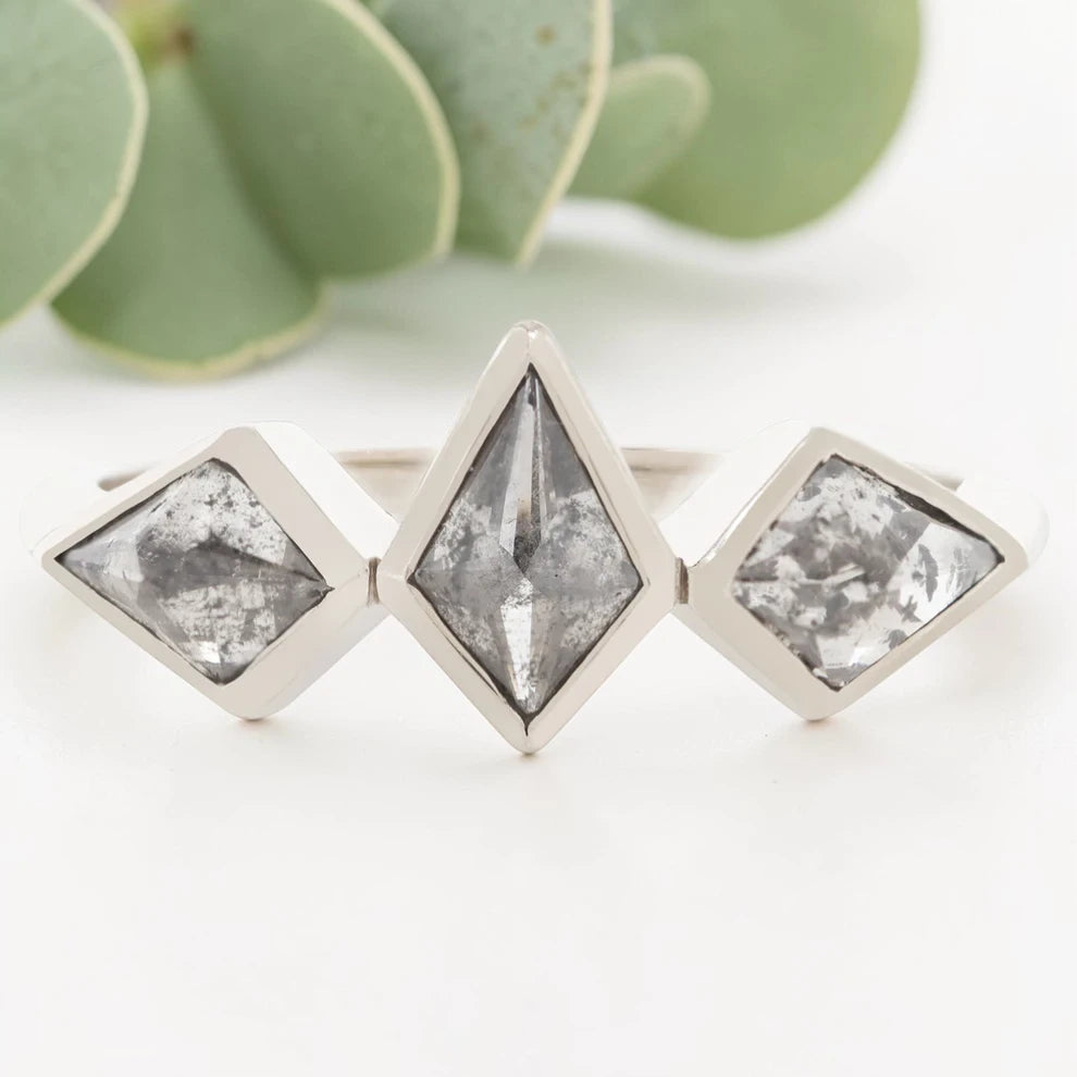 Salt and Pepper Kite Diamond Ring in White Gold Bezel