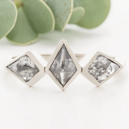 Salt & Pepper Kite Diamond Ring, White Gold Bezel, Modern Artisan Jewellery