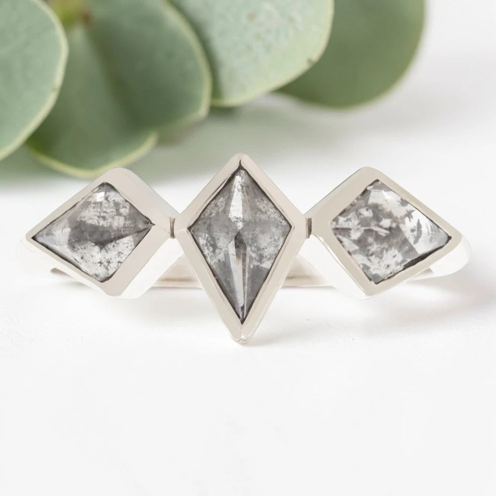 Salt and Pepper Kite Diamond Ring in White Gold Bezel