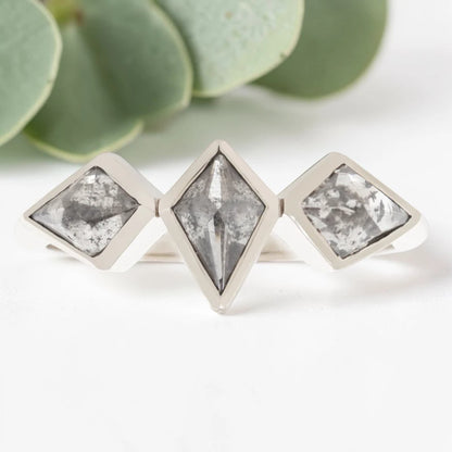 Salt and Pepper Kite Diamond Ring in White Gold Bezel